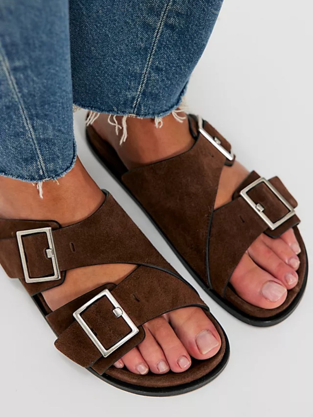 Alohas Alba Double Buckle Slide Sandals Suede Brown Shoes 36 6 NEW